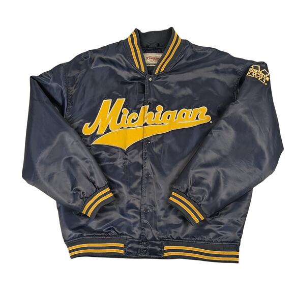Vintage Michigan University Satin Bomber Jacket Script Wolverines U of M Size XL - Picture 1 of 8